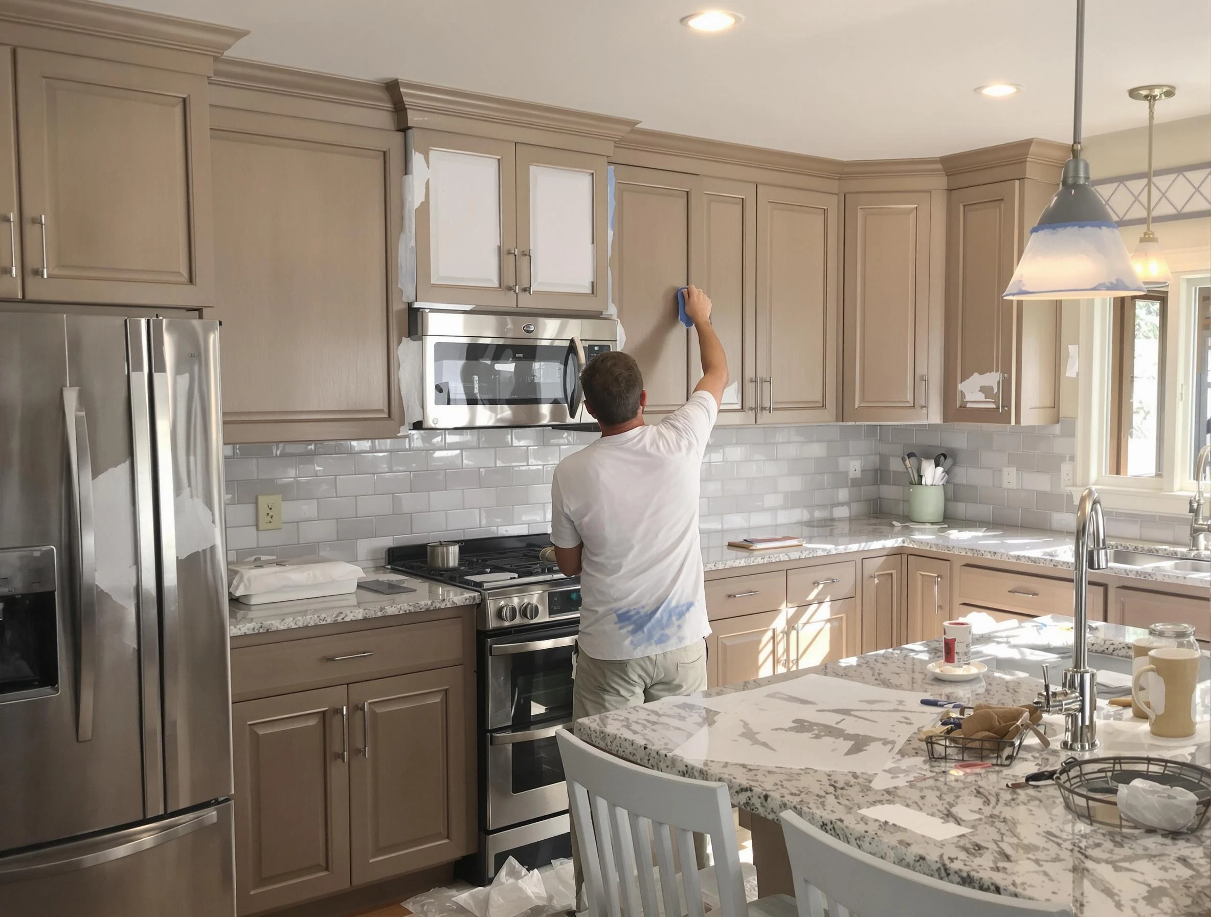 Before-and-after view of kitchen painting by Paradise Valley House Painters in Paradise Valley
